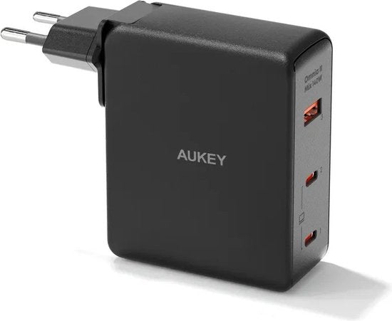 Aukey Omnia II Mix - Reisestecker mit EU-, US- und UK-Stecker - GaN-Ladegerät: Schneller und kompakter - 2x USB-C, 1x USB-A - 140W - Schwarz