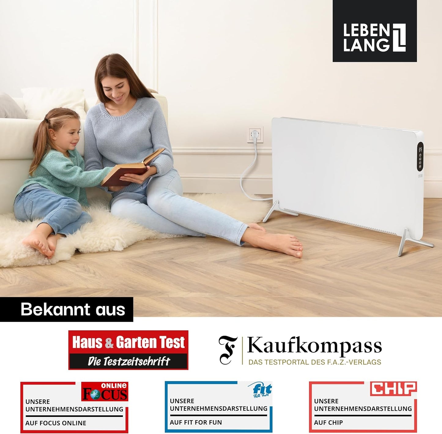 LEBENLANG Elektroheizgerät - 2000W - Wifi und App-Steuerung - Fernbedienung - 88 x 5 x 49 cm - Weiß