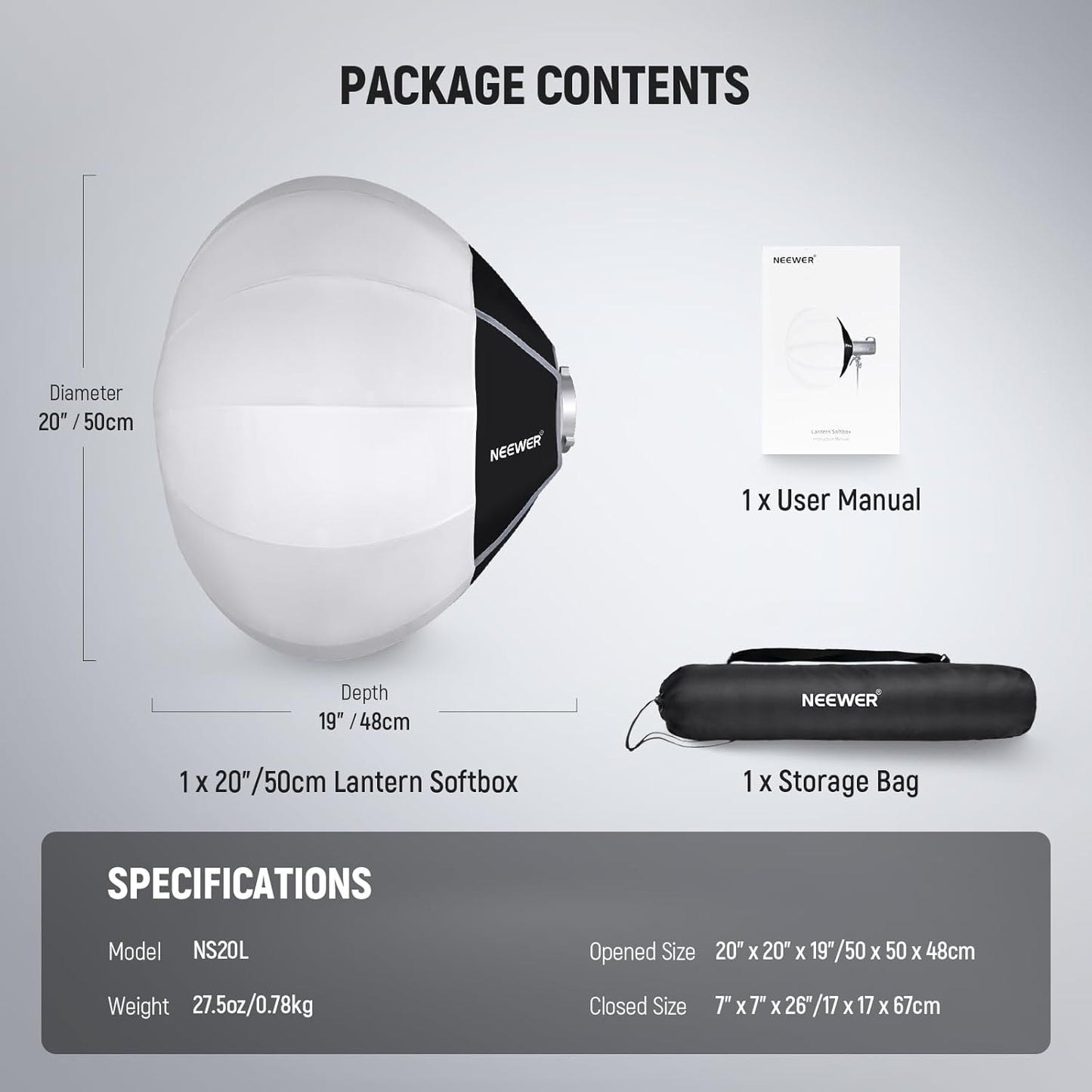 Neewer 50 cm Laternen-Softbox, weiß – 360°-Lichtdiffusor mit Schnellwechselvorrichtung und Bowens-Halterung für LED-Videoleuchten