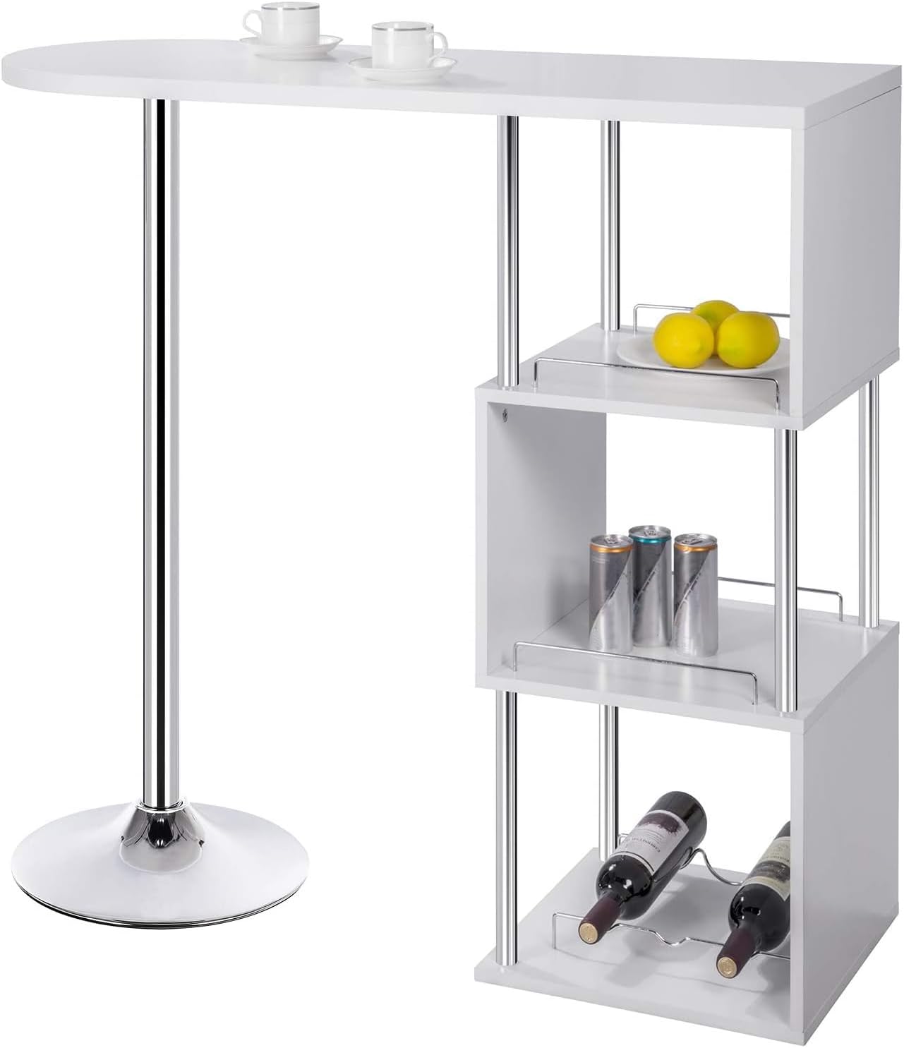 Woltu Bartisch mit Flaschenhalter und 3 Ablagen - Weiß - 113x40x105 cm