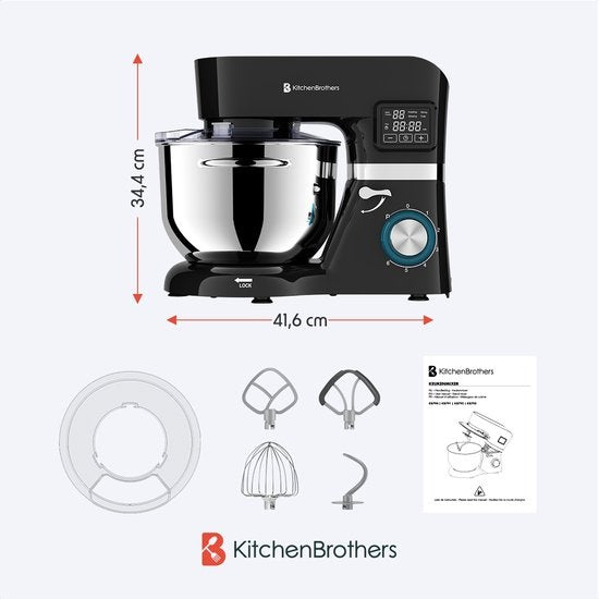 KitchenBrothers Küchenmaschine - Display und Timer - Küchenroboter - 6L - 1400W - Schwarz