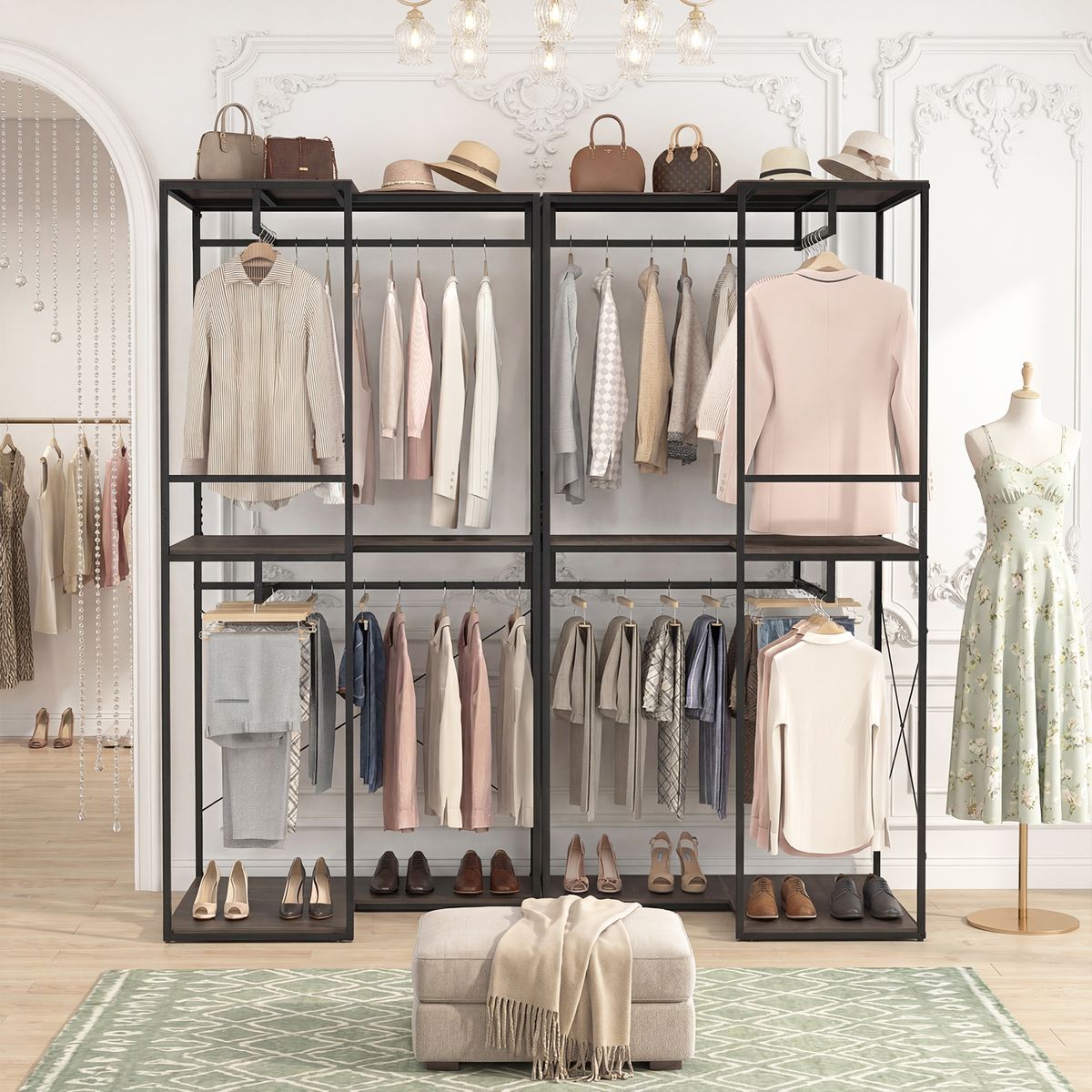 Coast Eckgarderobe mit 3 Ablagebrettern – 4 Kleiderstangen – grau und schwarz – 100 x 100 x 200 cm