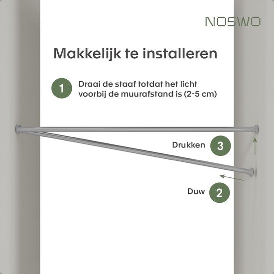 Noswo Vorhangstange Ohne Bohren - 130-230 cm - Inklusive 15 Ringe - Ausziehbar - Duschstange - Duschvorhangstange - Klemmstange - Selbstspannend - Silber