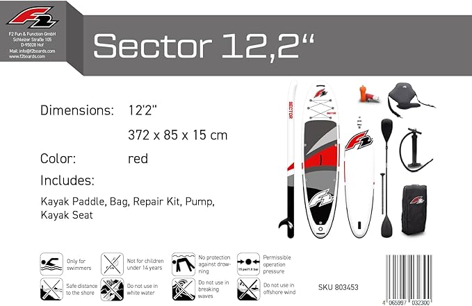 F2 Sector Red SUP Board Limited Edition 2024 – Aufblasbares Allround-Paddle-Board mit Kajaksitz – 372 cm