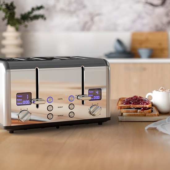 KitchenBrothers Toaster - Toaster - 6 Heizstufen - 4 extra breite Schlitze - 1630W - Edelstahl/Silber