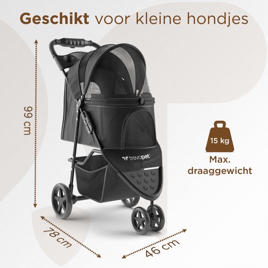 TrevoPet® Zusammenklappbarer Hundebuggy - für kleine und mittelgroße Hunde bis 15 kg - wasserabweisend mit Becherhalterung, Aufbewahrungskorb - Schwarz