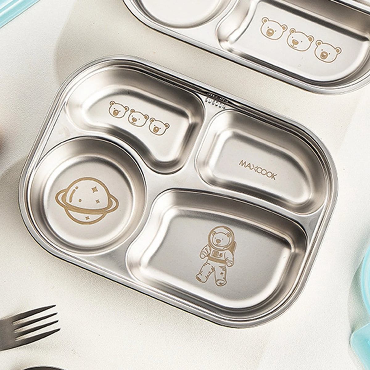 Maxcook Bento-Lunchbox – 4 Fächer – Edelstahl 316 – Weltraumdesign – MCWA5499-Behälter mit Deckel mit Weltraum-Astronauten-Motiv, tragbarer Lunchbehälter für das Büro oder ein Picknick MCWA5499