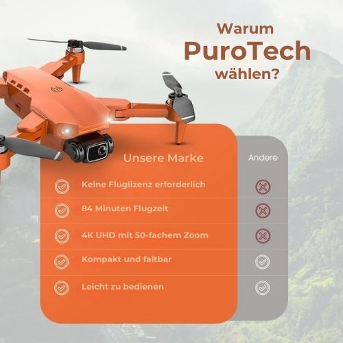 PuroTech - Ultra Smart Drohne - 4K Full HD Dual Kamera - 3 Akkus - 84 Minuten Flugzeit - Orange