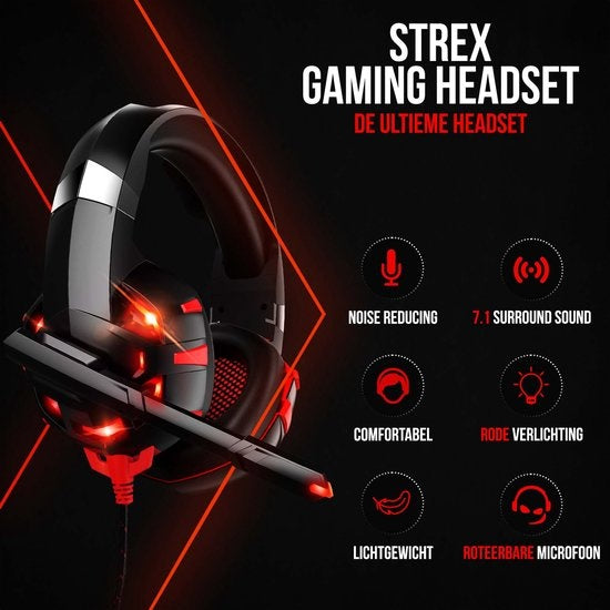 Strex - Gaming Headset - mit Mikrofon – 2,2m Kabel - für PC, PS4, PS5, & Xbox Seies - Schwarz/Rot