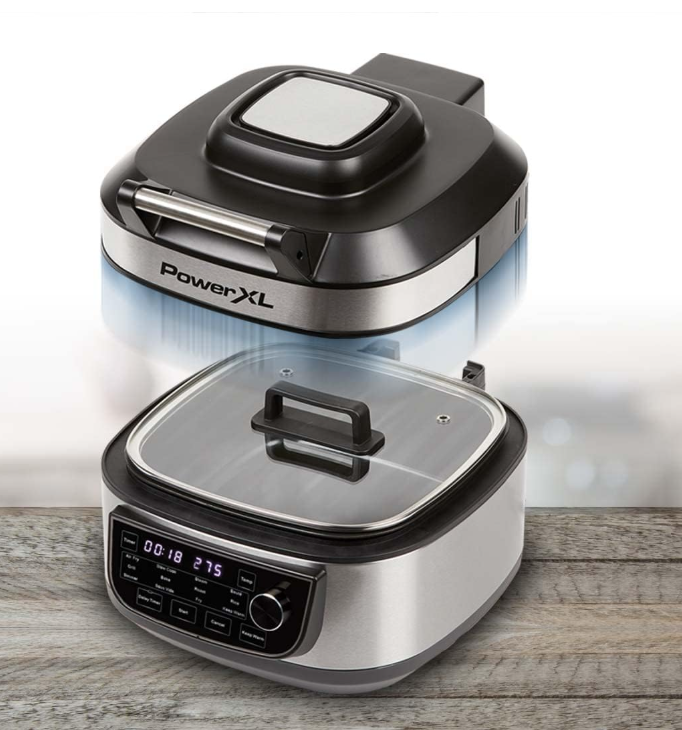 PowerXL Multi-Kocher 12-in-1 ohne Grillplatte – 5,7 l – 1200 W – Silber/Schwarz – Heißluftfritteuse und Slow Cooker