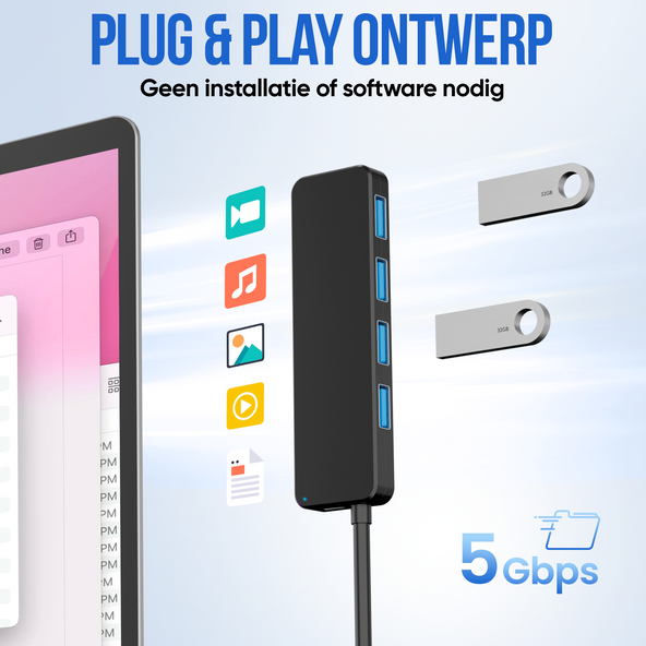 Strex USB 3.0 Hub - 4-Port USB Splitter - 5Gbps - Inklusive USB-C Adapter - 35 cm Kabel - Schwarz