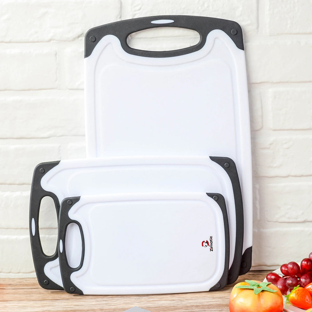 Zimatic Schneidebrett-Set, 3-teilig – Weiß/Schwarz – BPA-frei, rutschfester Griff