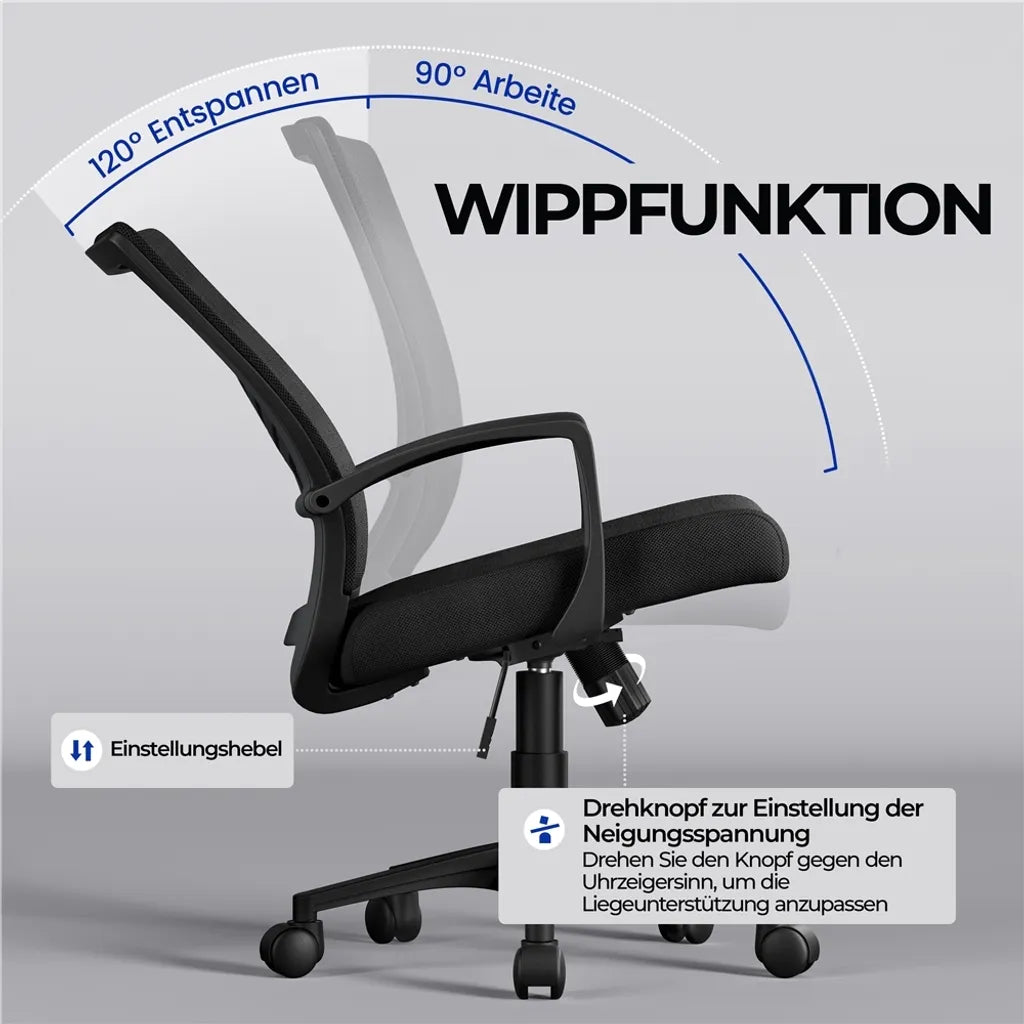 Yaheetech Bürostuhl - Ergonomisch - Mit Wippfunktion - Verstellbar - Drehbar - Schwarz