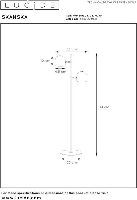 Lucide SKANSKA – Stehlampe – LED 3-Stufen-Dimmer – 2 × 5 W, 3000 K – Schwarz