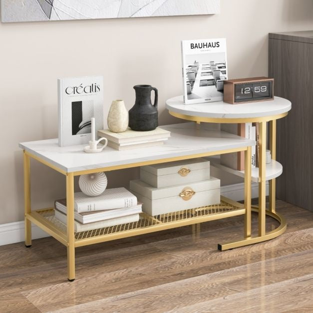 Coast 2er-Set Beistelltische - Couchtische mit goldenem Metallgestell - Max. 50KG - Gold/Weiß