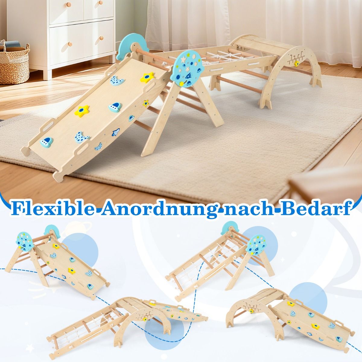 Coast Montessori Klettergerüst – 9-in-1-Spielgerät – zusammenklappbar – Naturfarben