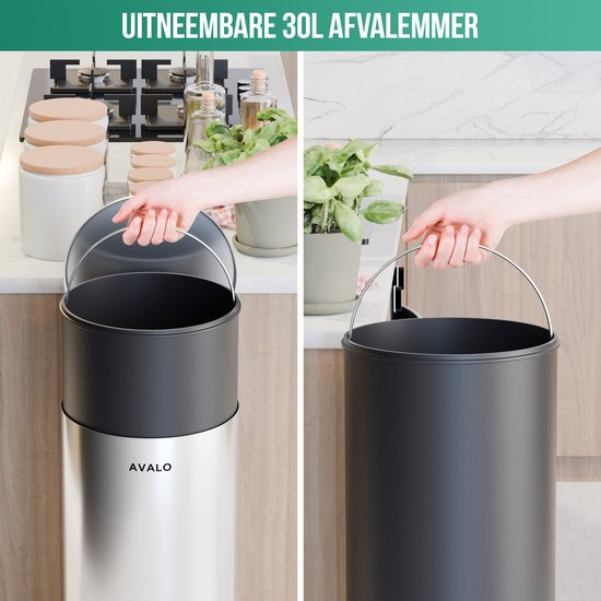 Avalo Tret-Abfalleimer 30L - Edelstahl Silber - Soft Close - Tret-Abfalleimer 30 Liter - Mülleimer 30 Liter