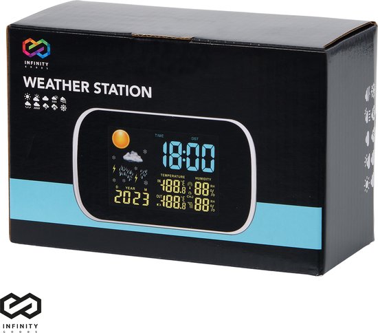 Infinity Goods Wetterstation - Wettervorhersage - Hygrometer - Innen und Außen - Temperatur - Luftfeuchtigkeit - Kabelloser Außensensor - 100M Reichweite - Schwarz