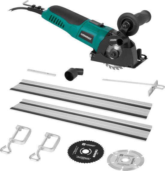 VONROC - Mini-Kreissäge - Handkreissäge - 500W - Ø85mm - mit Führungsschiene - Inkl. 3 Sägeblätter - Schwarz/Grün
