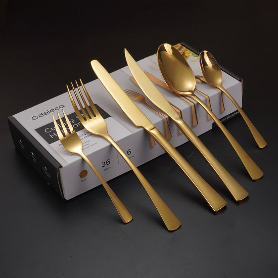 Deleca 6-Personen-Besteck-Set Harmony - Löffel, Messer, Gabeln, Steakmesser & Kuchengabeln - spülmaschinenfest - Weihnachtsgeschenk-Besteck - Gold/Edelstahl