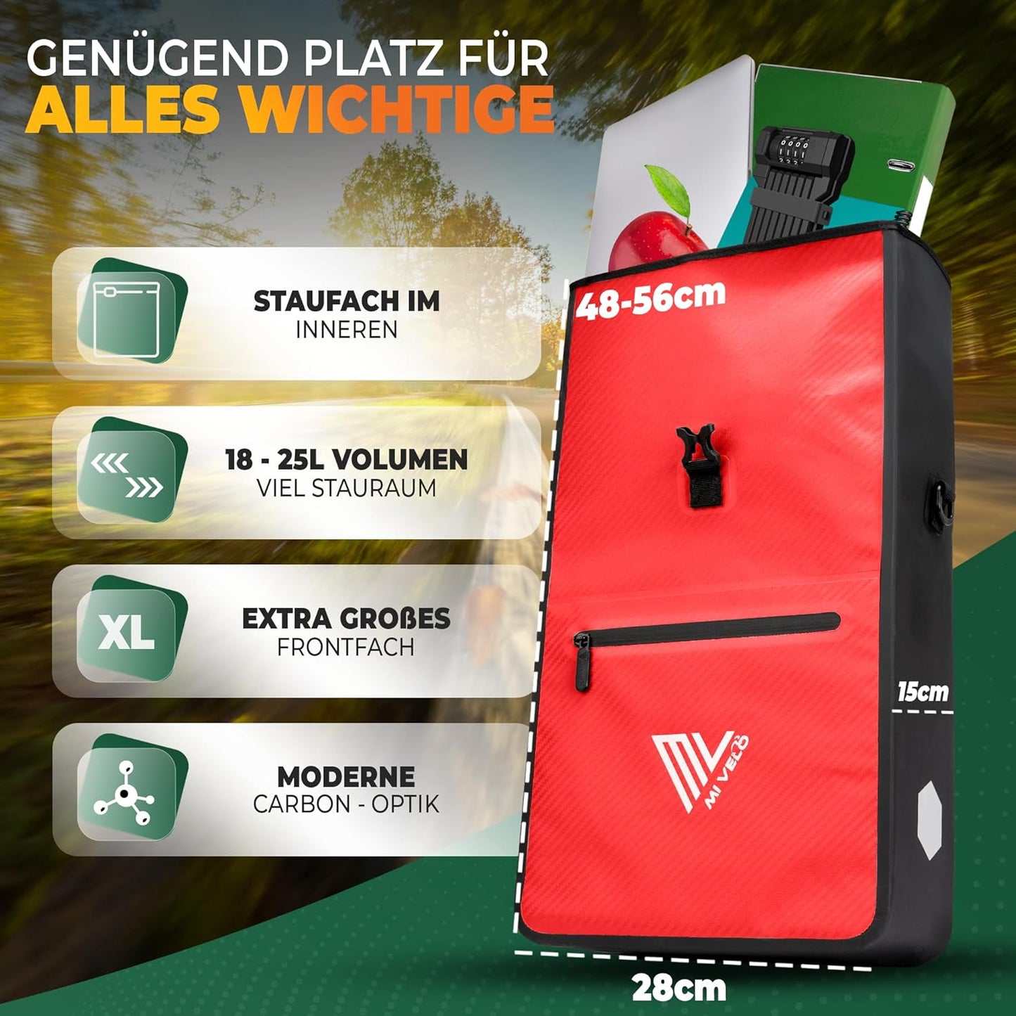 MIVELO 2-in-1 wasserdichte Gepäckträgertasche für Gepäckträger - Rot Carbon - 22 L