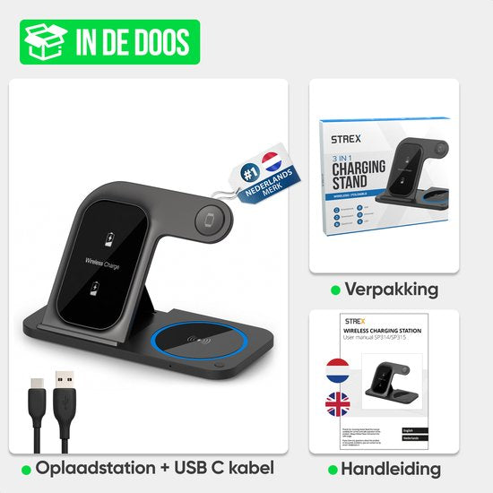 Strex 3-in-1 Wireless Charger - Ladestation - 15W Schnellladegerät - faltbar - geeignet für iOS & Android, Apple Watch, AirPods und Wireless Earphones - Schwarz