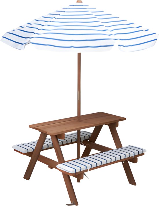 Pro Garden Picknicktisch für Kinder – blau/weiß – 75 x 75 cm – Holz/Polyester – inkl. Sonnenschirm – inkl. 2 Kissen – Gartenset