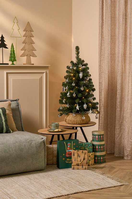 Black Box Trees Joy Kunstweihnachtsbaum – Mit 26 Christbaumkugeln und LED-Beleuchtung – H 90 x Ø 50 cm – Grün und Silber