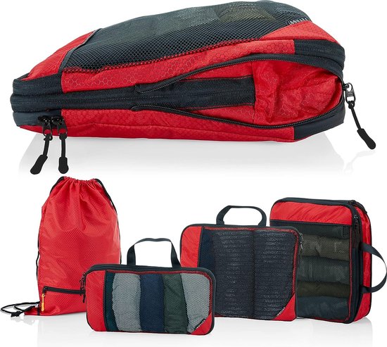 Packwürfel mit Kompression für Koffer und Rucksack inkl. Tragetasche, rot