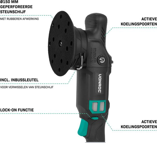 VONROC PRO Polierer 20V - Ø 150mm - Bürstenloser Motor - Softstart-Elektronik - Inkl.