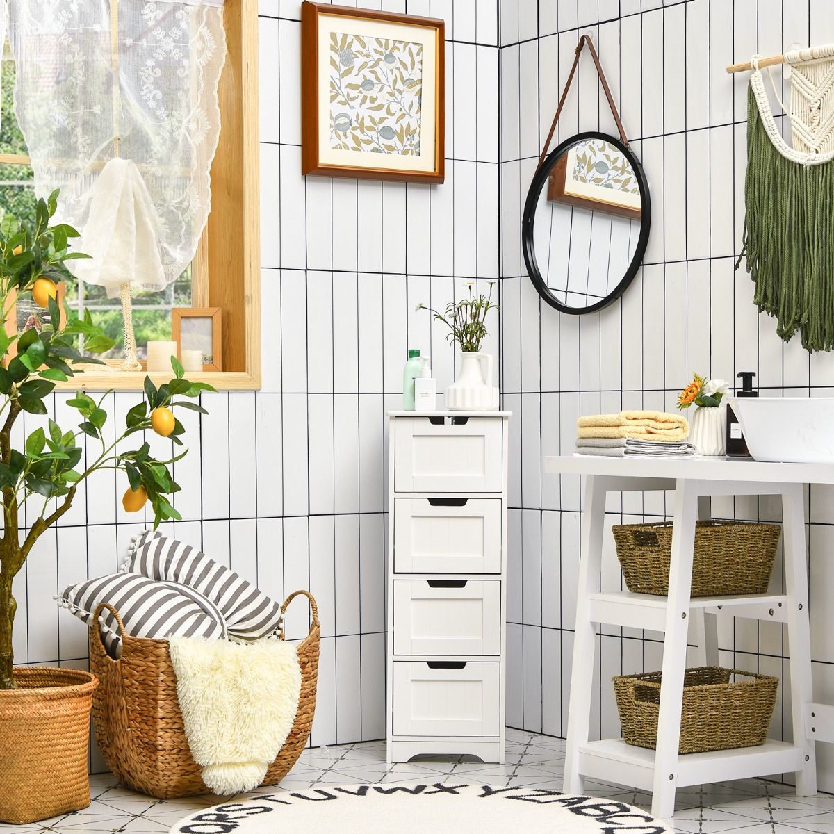 Coast Floor Storage Cabinet Badezimmerschrank mit 4 Schubladen 30 x 30 x 83,5 cm Weiß - Freistehender Nachttisch und Beistelltisch für Wohnzimmer, Schlafzimmer, Küche und Büro