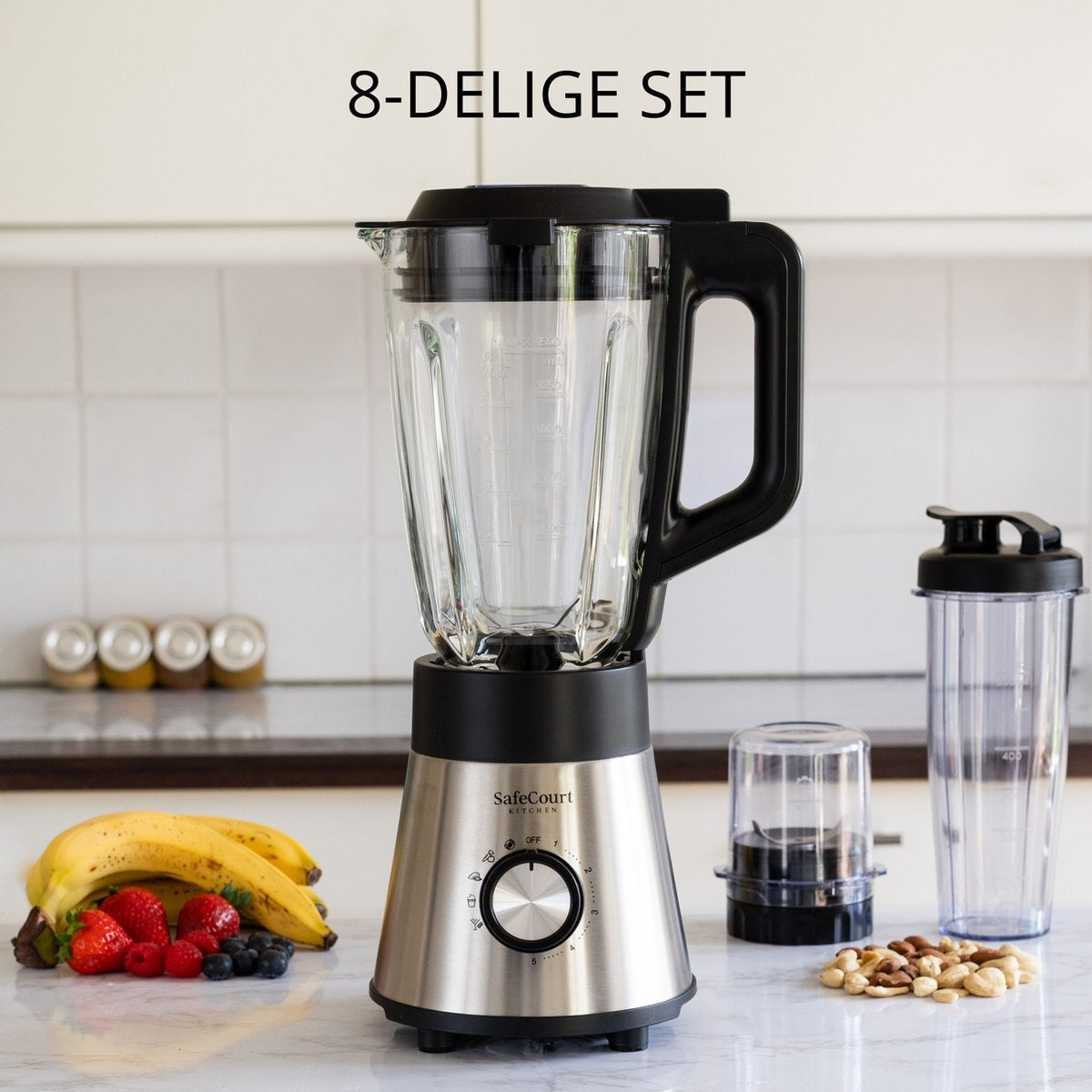 Safecourt Kitchen Standmixer - 1000 W - 1,5 L Glasbehälter - 5 Programme - Smoothie Blender Set