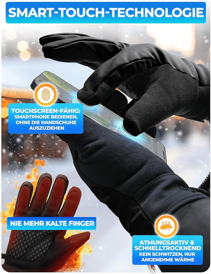MIVELO Winterhandschuhe - Winddicht - Wasserdicht - Touchscreen - 3M Isolierung - Anti-Rutsch - Schwarz