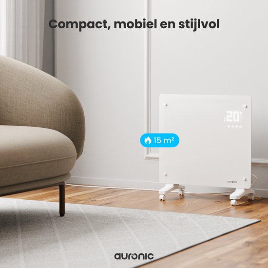 Auronic Elektroheizung - Konvektorheizung mit Thermostat und Fernbedienung - Glasheizkörper - 1000W Heizleistung - Weiß