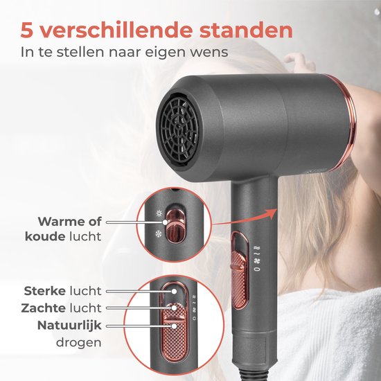 Nuvance - Haartrockner mit Diffusor - Inklusive 3 Aufsätze - 3 Hitze- und 2 Blasstufen - Haartrockner für Locken - Ionen-Haartrockner - Haartrockner