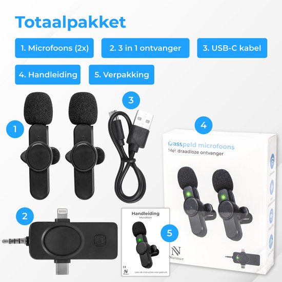 Nuvance - Drahtloses Mikrofon - 2 Stück - Geeignet für Klinke 3,5 mm, USB-C und Lightning - Krawattennadel-Mikrofon - Lavalier-Mikrofon Drahtlos - Mikrofone - Plug & Play