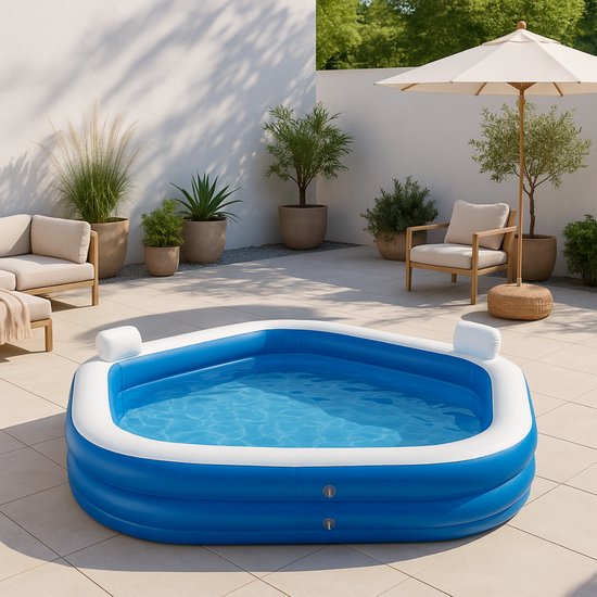 Creative Kids Familien Pool - Aufblasbar - 2 Liegestühle - 213 x 206 x 60 cm - Mit Getränkehalter und Kopfstützen - Weiß/Blau