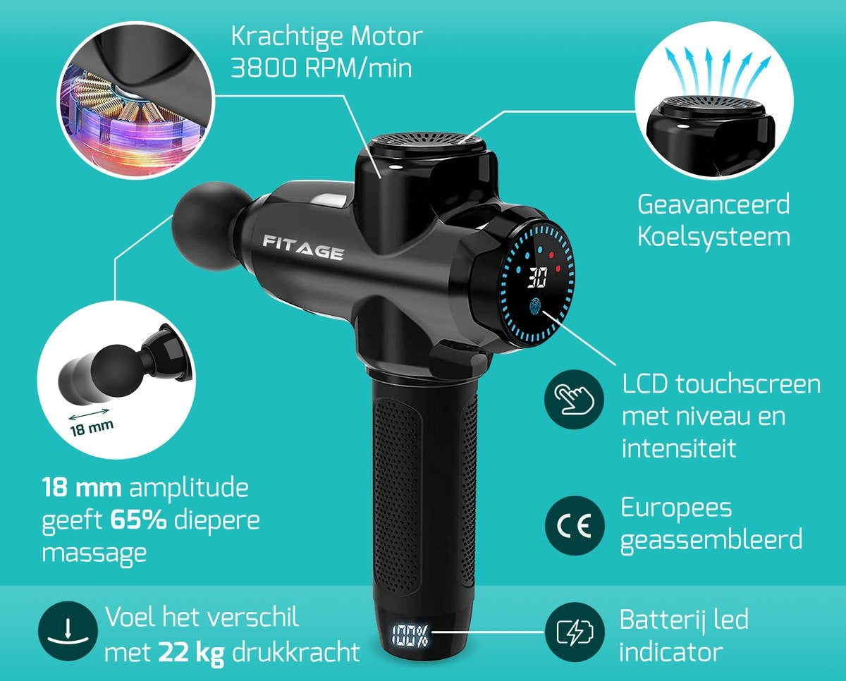 FITAGE Massage Gun Professional - 12 Aufsätze - 30 Modi - Schwarz
