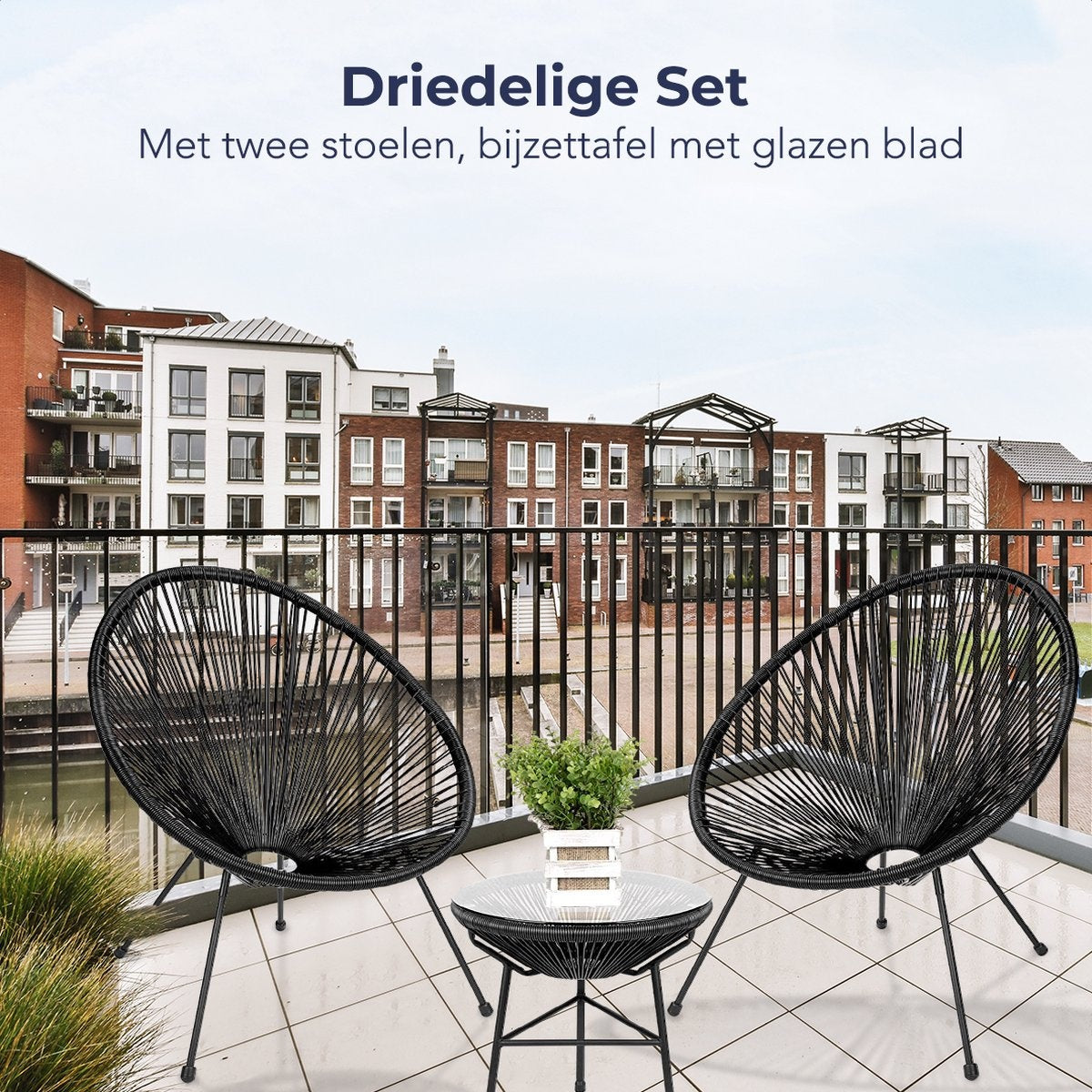 LifeGoods Acapulco Chair Bistro Set - Gartenstühle - Gartenset mit Beistelltisch - 3-teilig - Schwarz