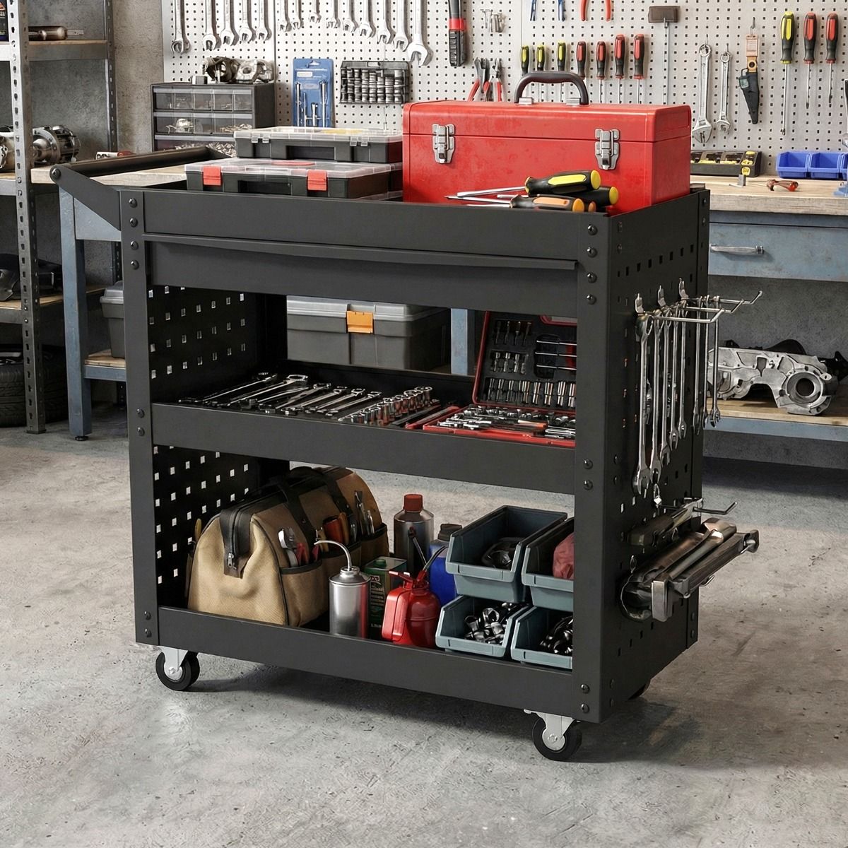 Coast Werkzeugwagen auf Rädern – 3 Ebenen – große Schublade – schwarz 80 x 35 x 73 cm