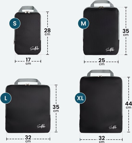 Packwürfel mit Kompressionsreißverschlüssen - Set mit 4 Kompressionswürfeln für Rucksack und Koffer - Kompression - Schwarz - Sunflake
