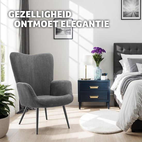 tectake Ohrensessel im skandinavischen Stil - Cord Hygge - Sessel für Wohnzimmer, Schlafzimmer - Loungesessel - Schwarze Metallbeine - Belastbarkeit bis 150 kg - Grau