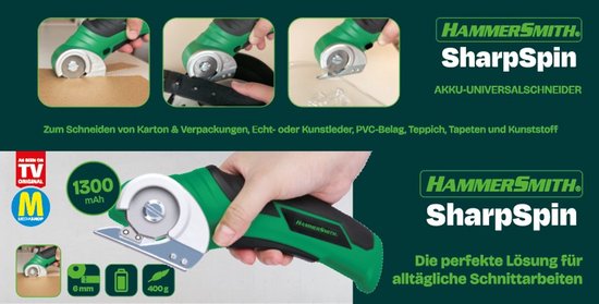Hammersmith SharpSpin – Kabelloser Universalschneider – Elektrische Schere – Kartonschneider – Rollmesser – Akku-Schere – Schneidet Leder, PVC, Teppich, Karton und mehr