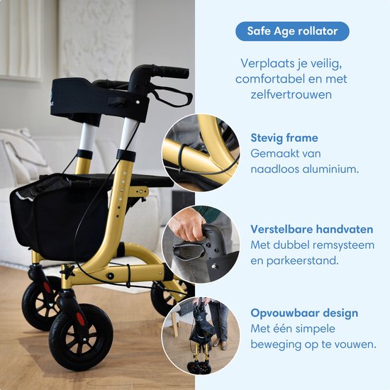 Safe Life® Rollator - Leicht und faltbar - Sitzfunktion - Für drinnen und draußen - Rückenlehne und Gehstockhalter - Gold