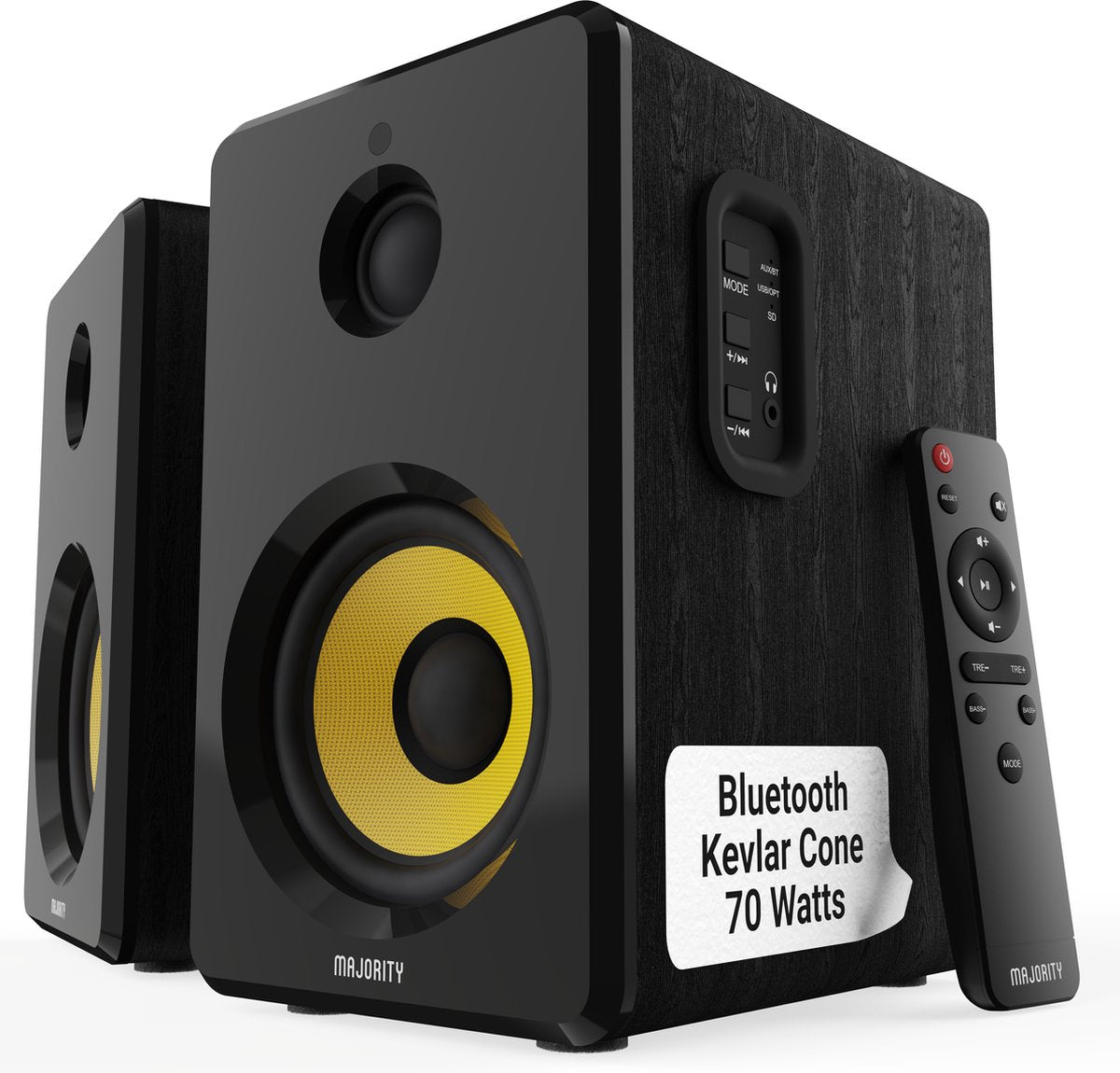 Majority - D40X - Aktive Regallautsprecher - Anschluss über Bluetooth - USB - AUX - RCA und optisch - Integrierter Verstärker - 4-Zoll-Tieftöner - Fernbedienung und integriertes Bedienfeld - Kevlar-Basswiedergabe - Plug and Play