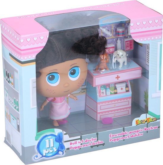 Eddy Toys Puppenset - mit Zubehör - 20x11x19cm - Thema Arzt