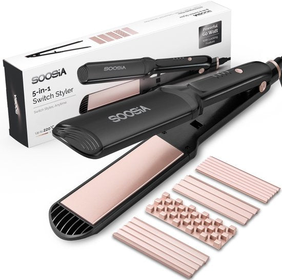 Soosia 5-in-1 Switch Styler - Glätteisen, Waffeleisen, Welleneisen & Lockenstab - 3,5cm Keramikplatten - Roségold