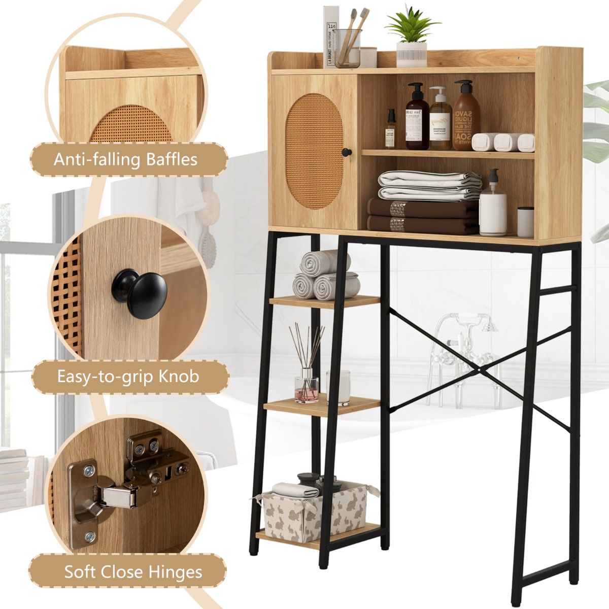 Coast Toilettenschrank 89x29x139 cm Natur - Freistehender Waschplatz mit PE-Rotan-Tür, Ablagefächern und verstellbarem Einlegeboden