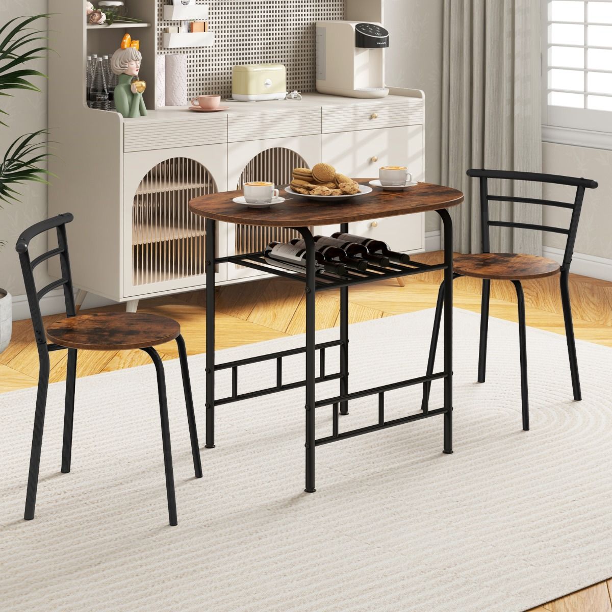 Coast Küchentisch und Stuhl Set für 2 Personen - Ovaler Tisch 80x53x77 cm mit 2 Stühlen, Weinregal, MDF und Metall, Braun/Schwarz
