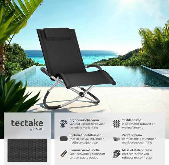 tectake Outdoor-Schaukelstuhl - Zusammenklappbar - Wetterfeste Liege - Relaxliege - Belastbarkeit bis 150 kg - Ergonomischer Liegestuhl - Gartenmöbel - Balkon oder Terrasse - Verschiedene Farben - Schwarz